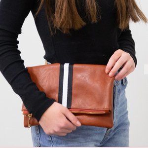 Brown & Black Preppy Canvas Stripe Foldover Clutch